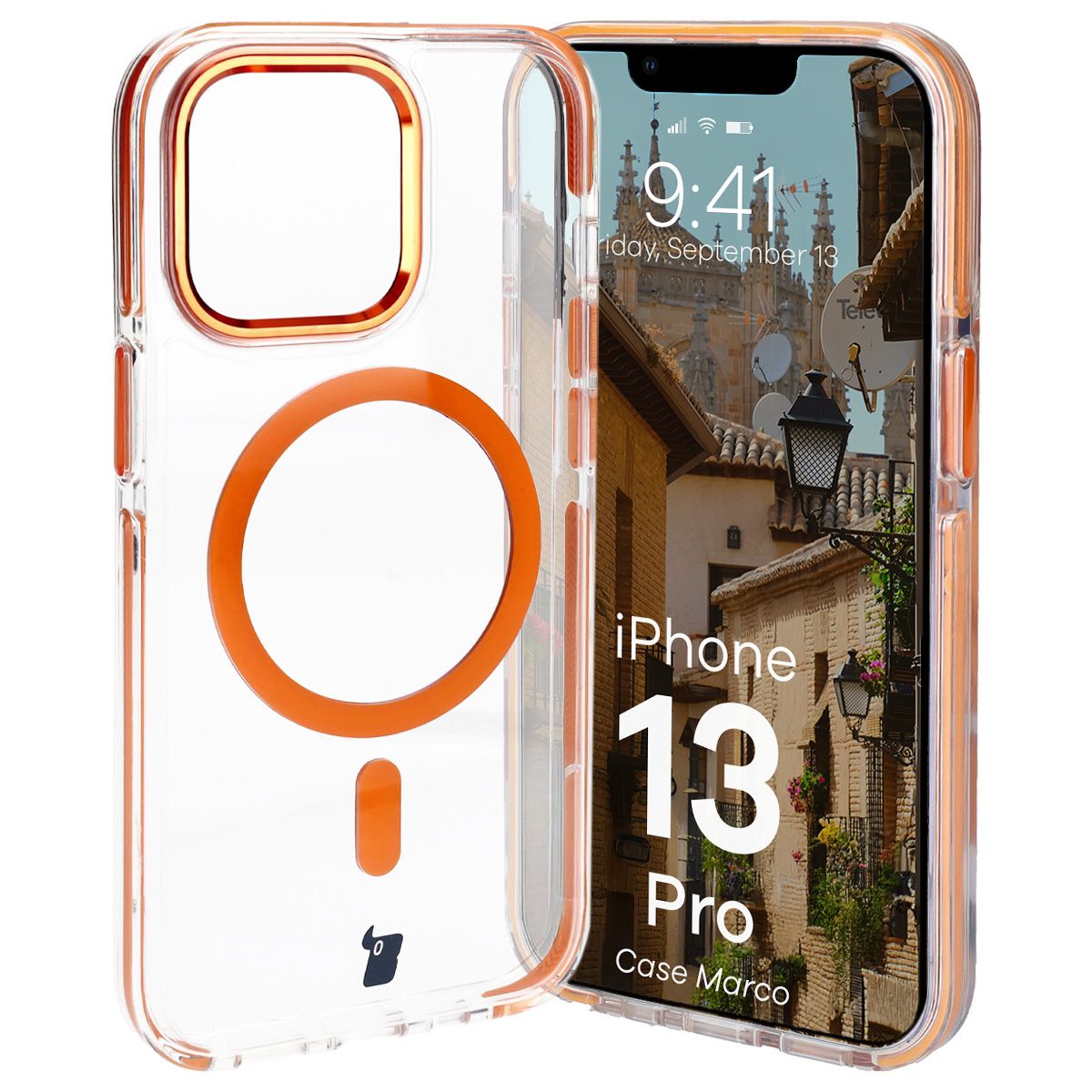 Handyhülle mit Magnetring für iPhone 13 Pro, Bizon Case Marco, Transparent mit orangem Rahmen
