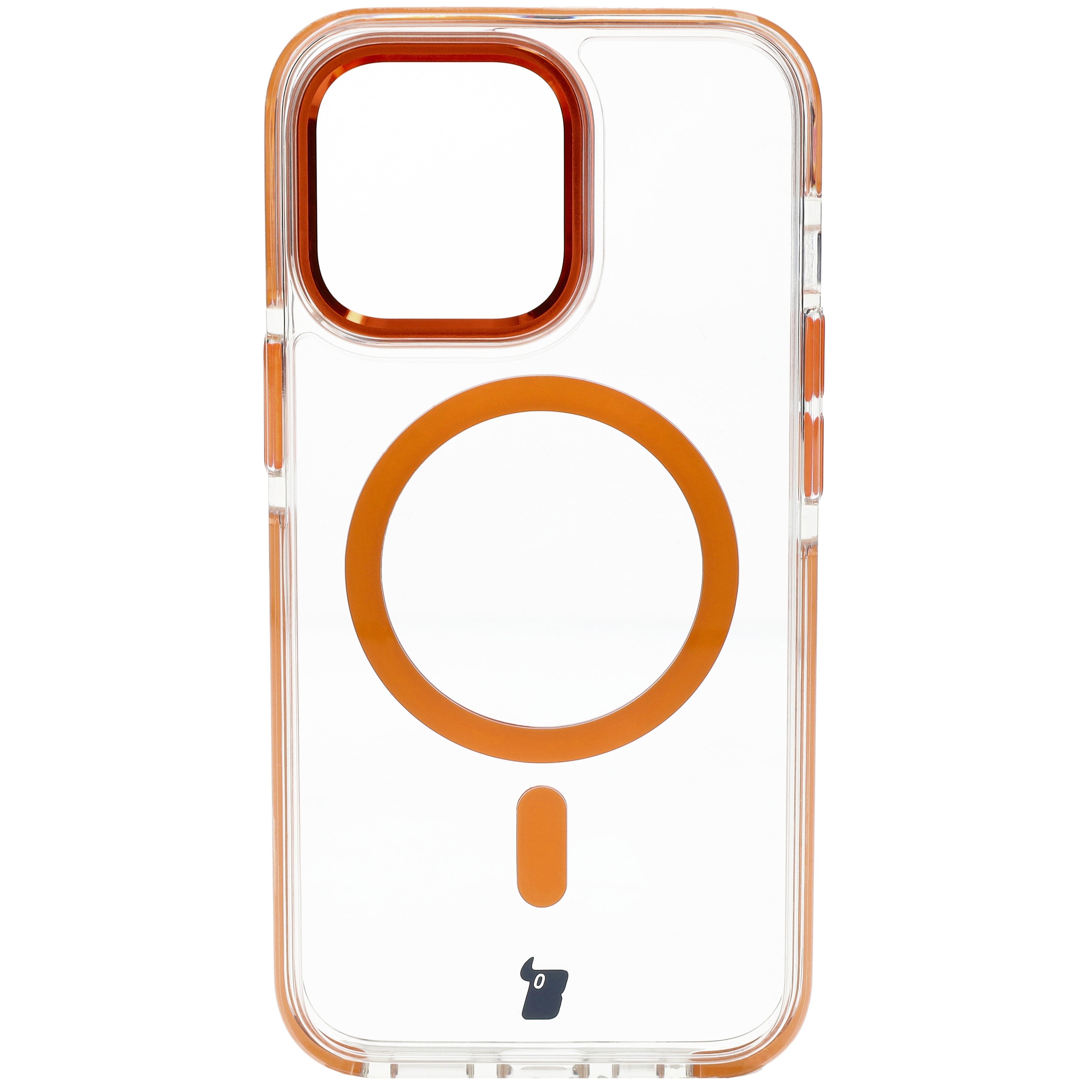 Handyhülle mit Magnetring für iPhone 13 Pro, Bizon Case Marco, Transparent mit orangem Rahmen