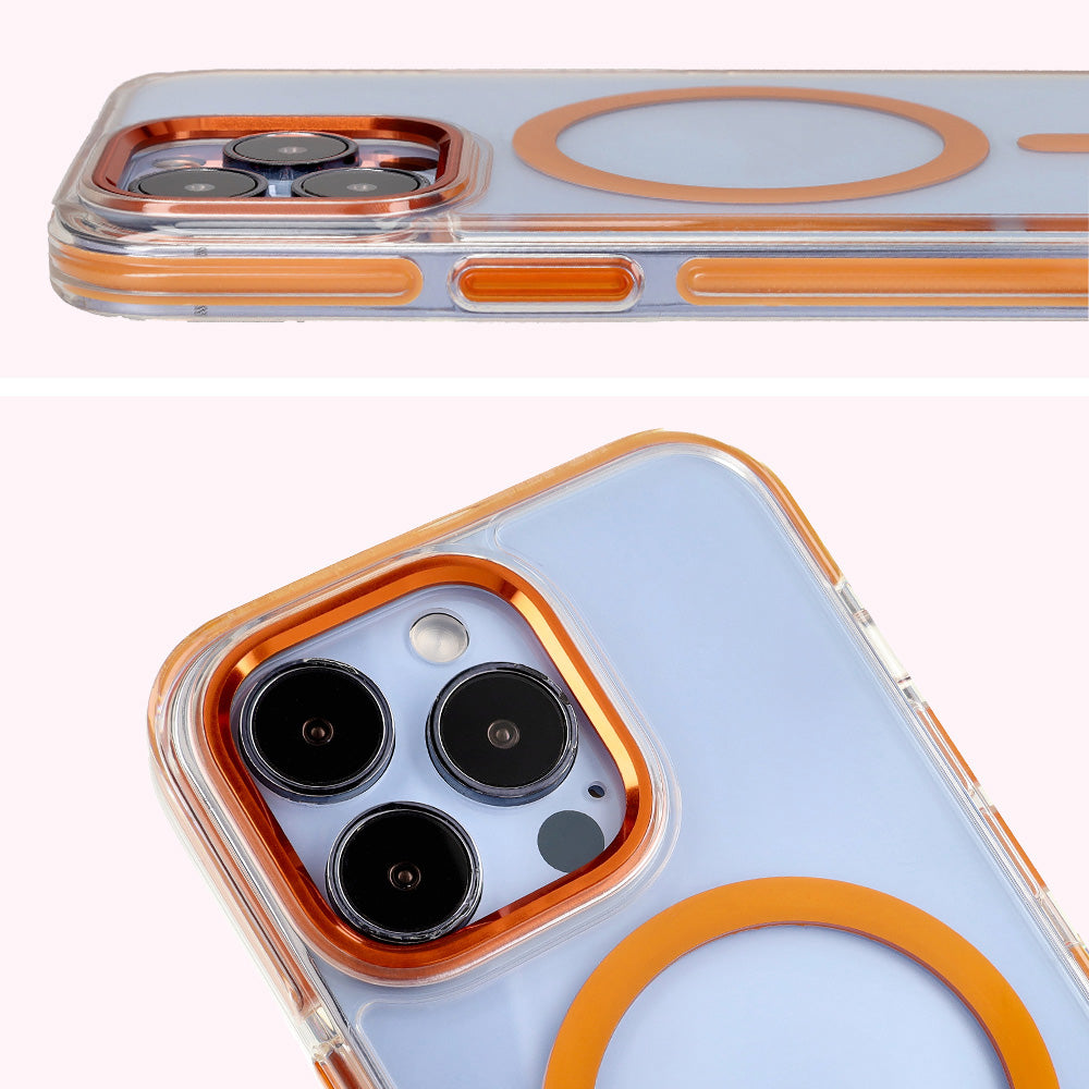 Handyhülle mit Magnetring für iPhone 13 Pro, Bizon Case Marco, Transparent mit orangem Rahmen