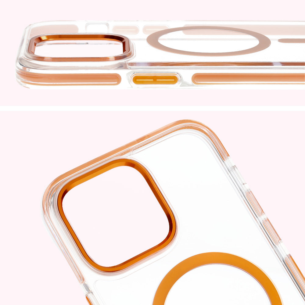 Handyhülle mit Magnetring für iPhone 14 Pro Max, Bizon Case Marco, Transparent mit orangem Rahmen