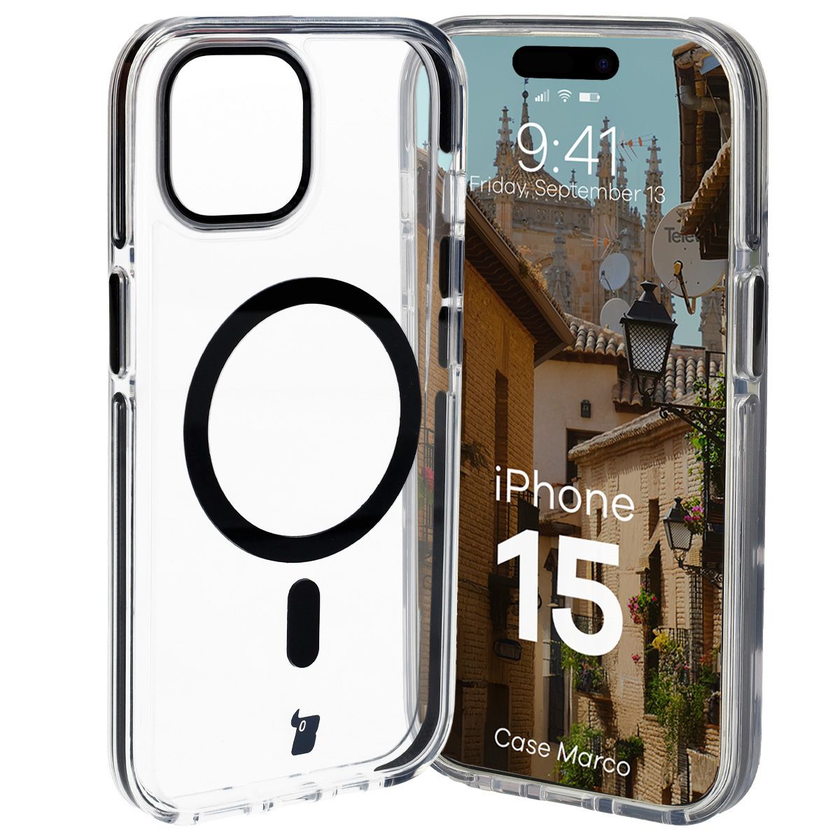 Handyhülle mit Magnetring für iPhone 15, Bizon Case Marco, Transparent mit schwarzem Rahmen