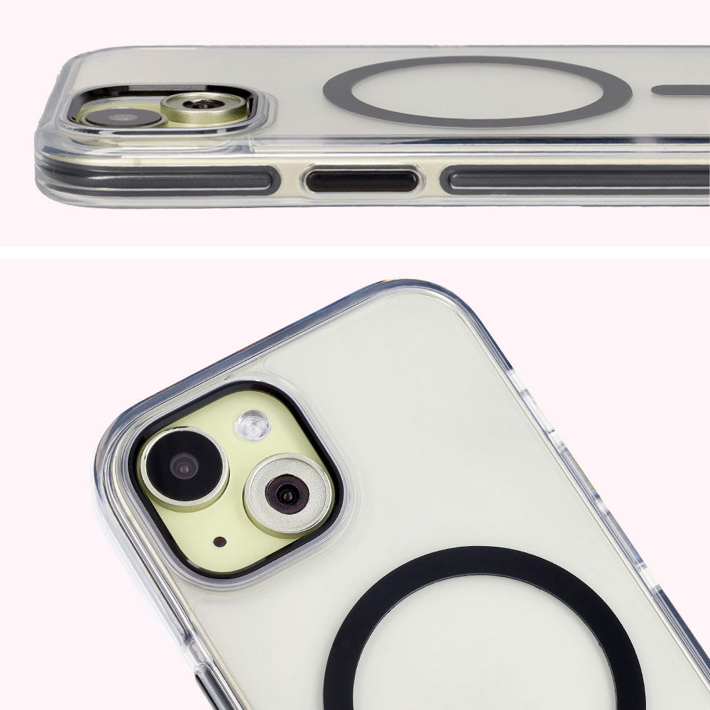 Handyhülle mit Magnetring für iPhone 15, Bizon Case Marco, Transparent mit schwarzem Rahmen