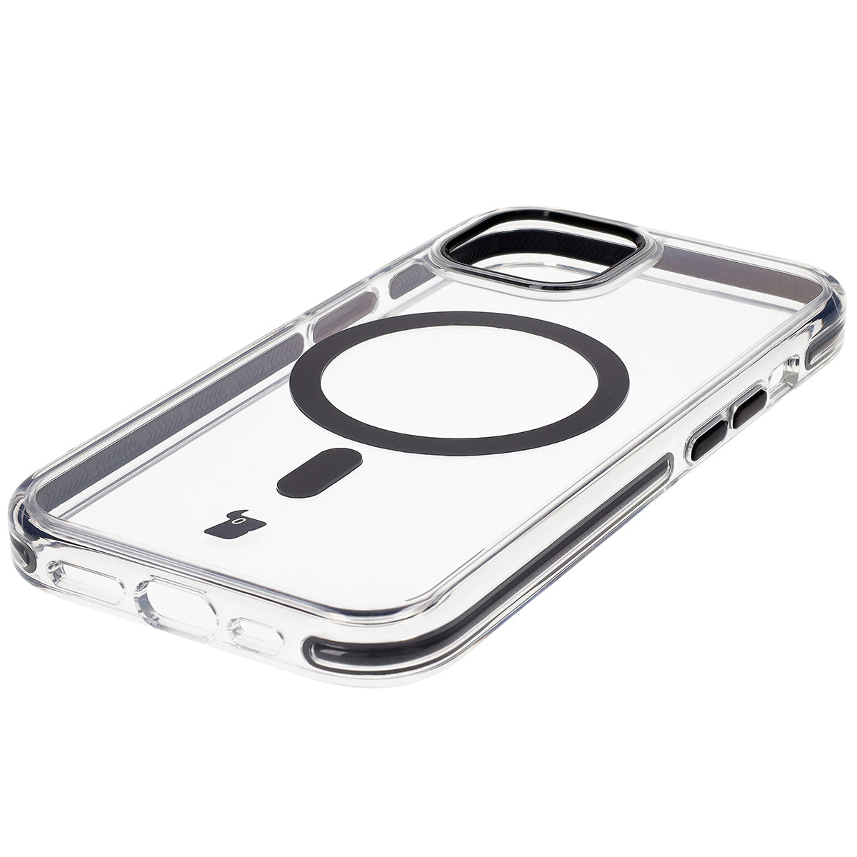 Handyhülle mit Magnetring für iPhone 15, Bizon Case Marco, Transparent mit schwarzem Rahmen