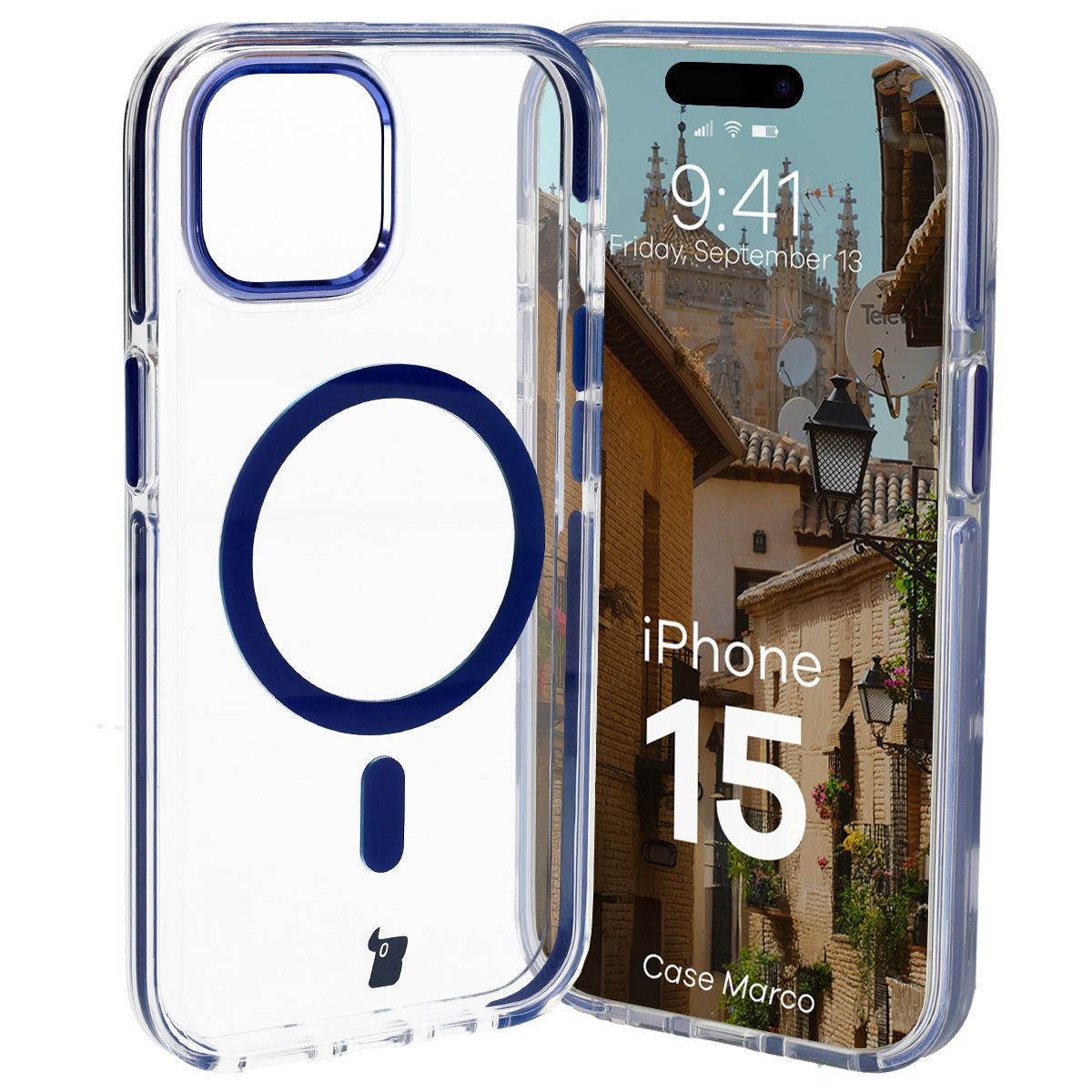 Handyhülle mit Magnetring für iPhone 15, Bizon Case Marco, Transparent mit blauem Rahmen
