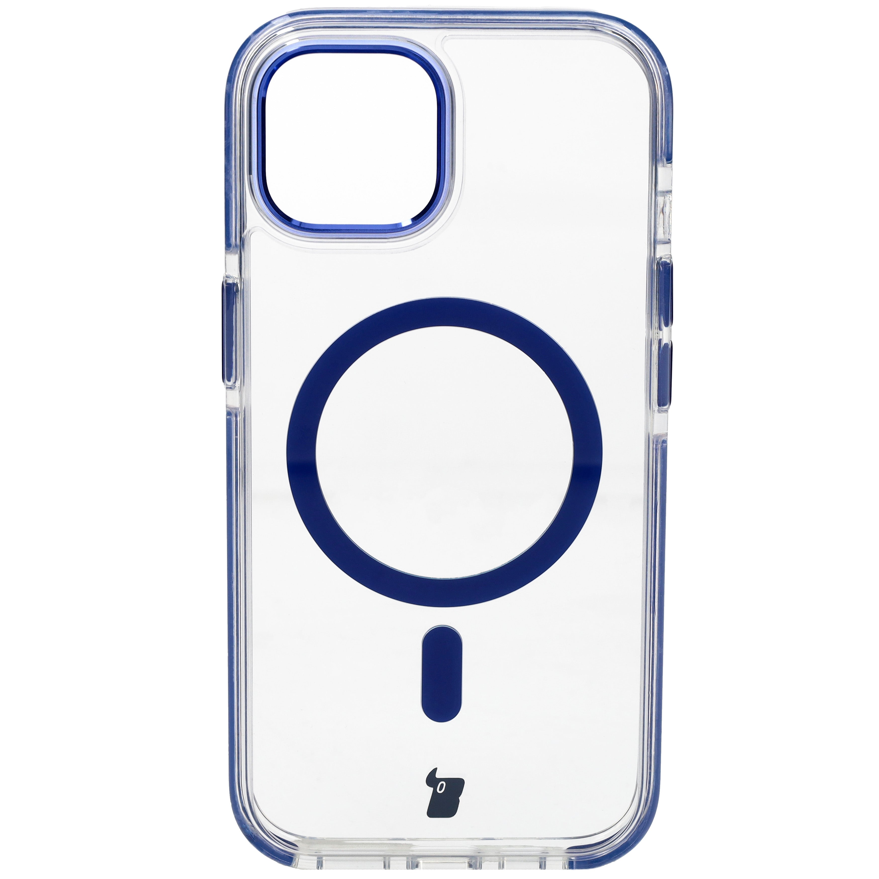 Handyhülle mit Magnetring für iPhone 15, Bizon Case Marco, Transparent mit blauem Rahmen