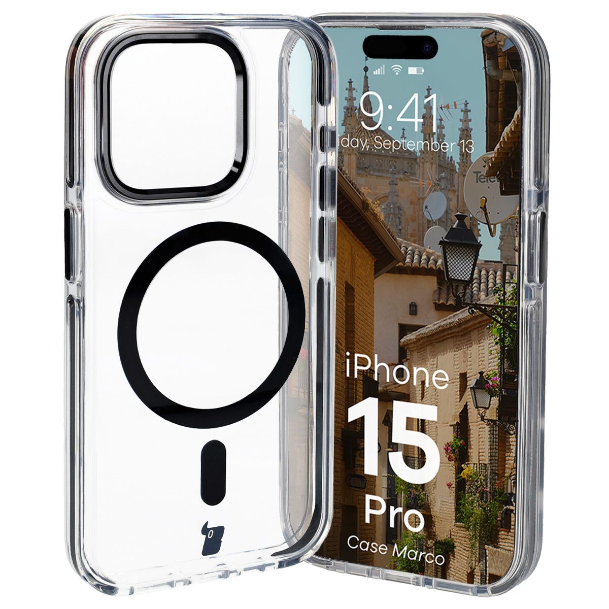 Handyhülle mit Magnetring für iPhone 15 Pro, Bizon Case Marco, Transparent mit schwarzem Rahmen