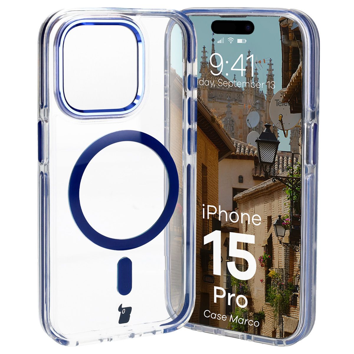 Handyhülle mit Magnetring für iPhone 15 Pro, Bizon Case Marco, Transparent mit blauem Rahmen