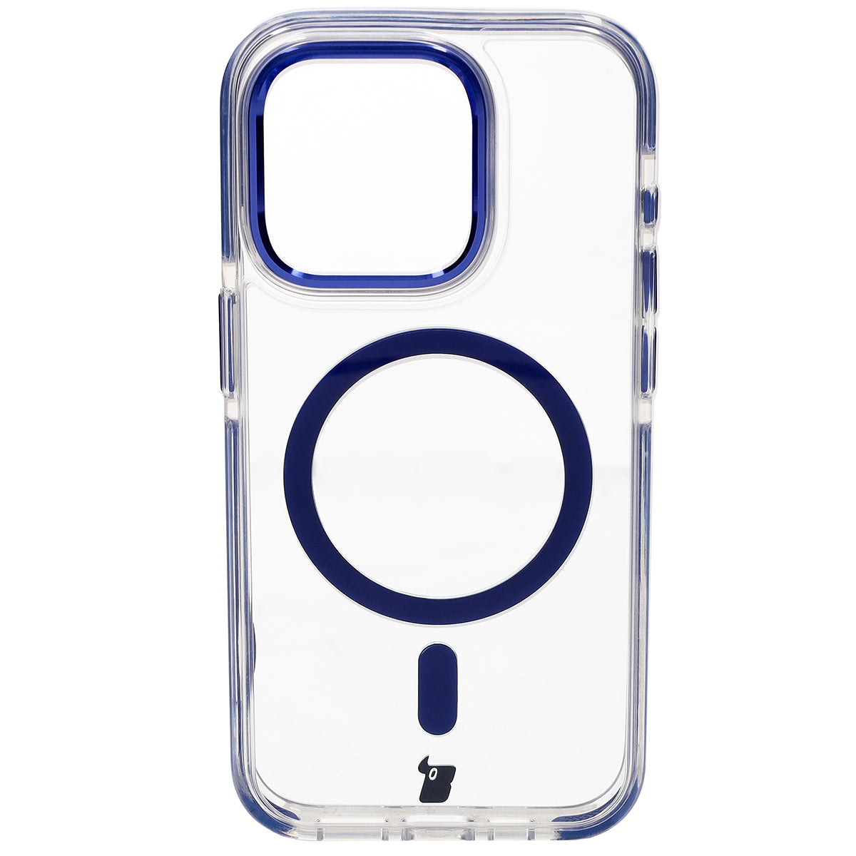 Handyhülle mit Magnetring für iPhone 15 Pro, Bizon Case Marco, Transparent mit blauem Rahmen