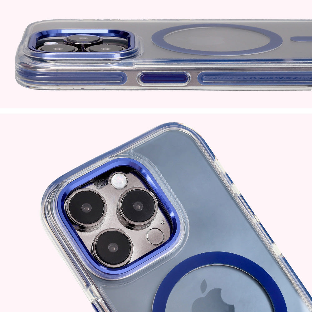 Handyhülle mit Magnetring für iPhone 15 Pro, Bizon Case Marco, Transparent mit blauem Rahmen