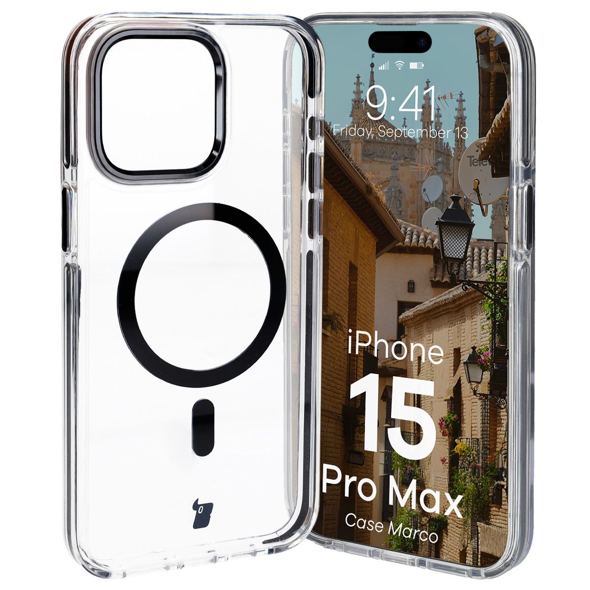 Handyhülle mit Magnetring für iPhone 15 Pro Max, Bizon Case Marco, Transparent mit schwarzem Rahmen
