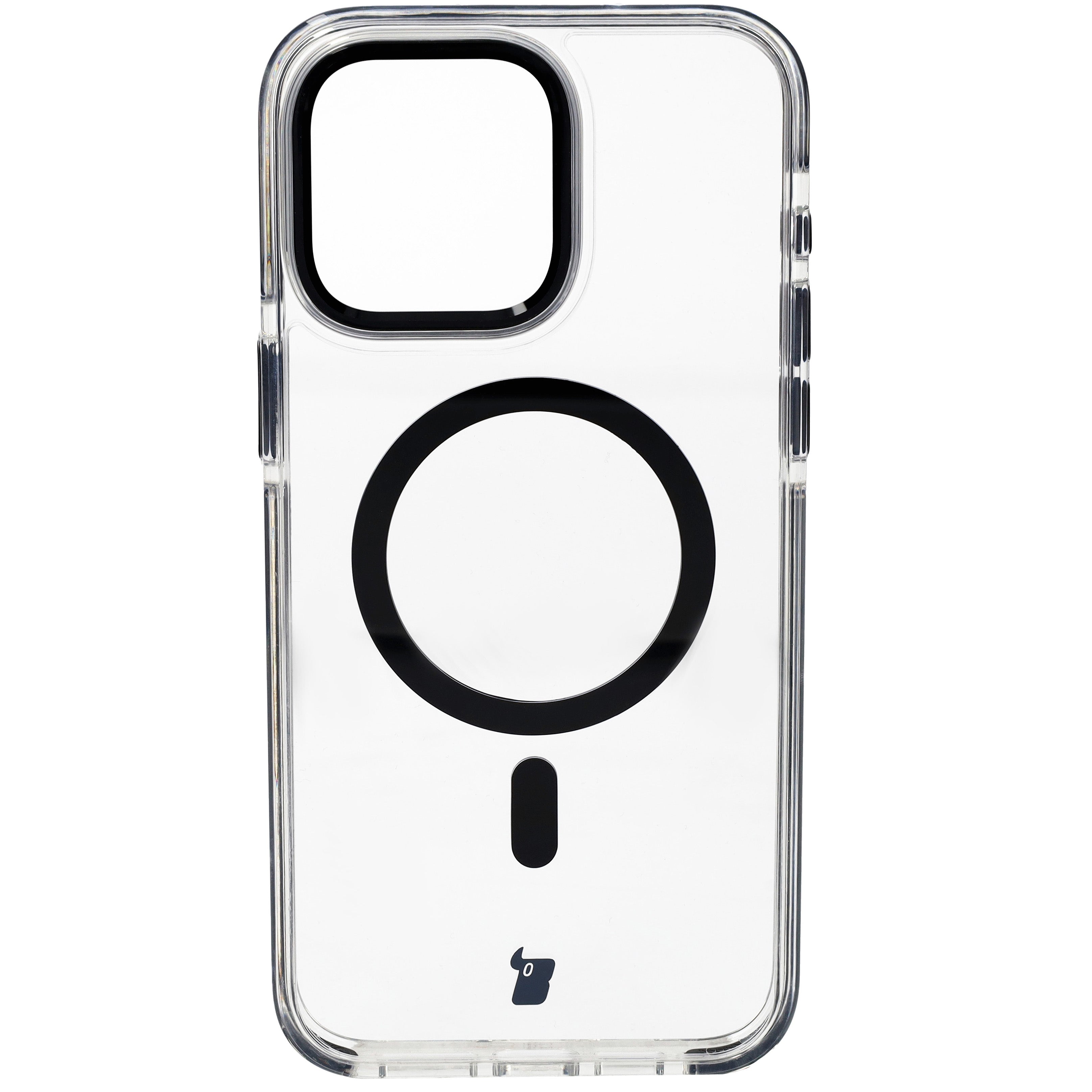 Handyhülle mit Magnetring für iPhone 15 Pro Max, Bizon Case Marco, Transparent mit schwarzem Rahmen