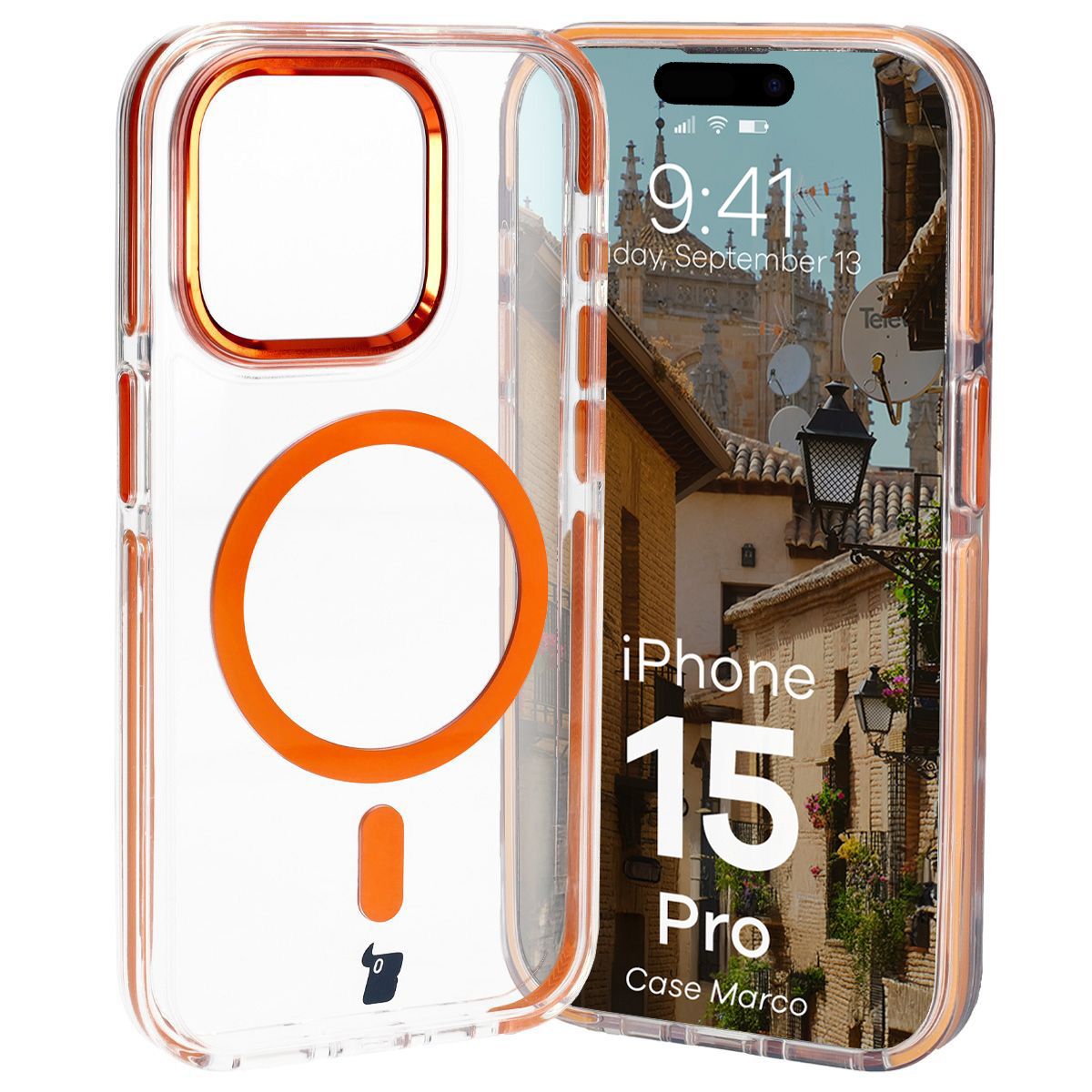 Handyhülle mit Magnetring für iPhone 15 Pro, Bizon Case Marco, Transparent mit orangem Rahmen