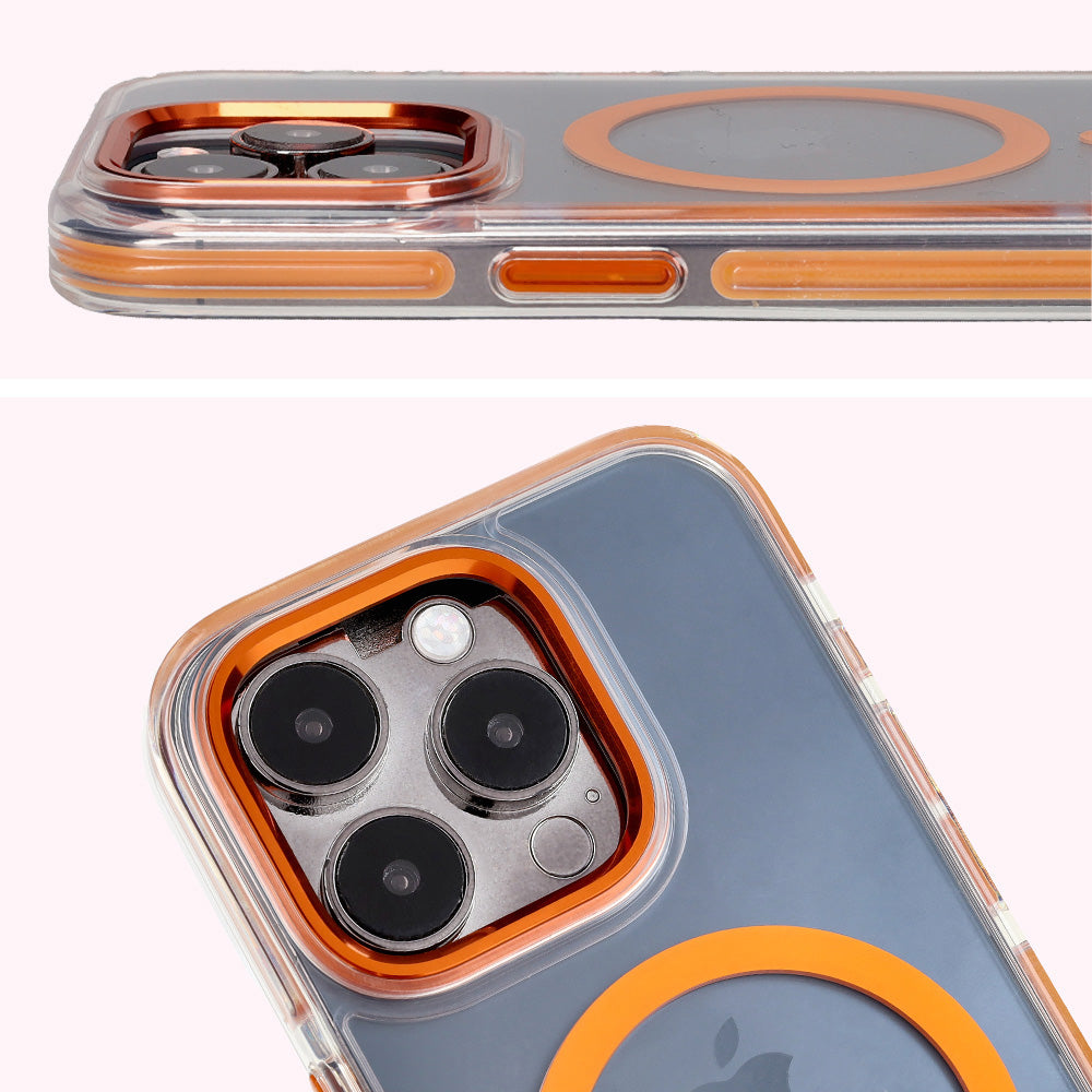 Handyhülle mit Magnetring für iPhone 15 Pro, Bizon Case Marco, Transparent mit orangem Rahmen