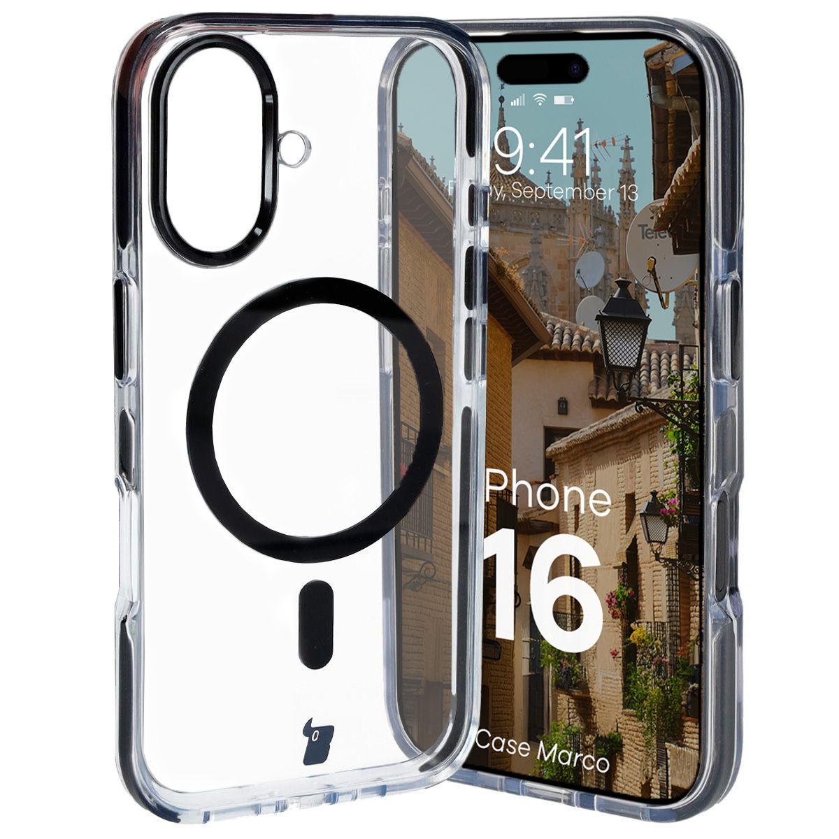 Handyhülle mit Magnetring für iPhone 16, Bizon Case Marco, Transparent mit schwarzem Rahmen