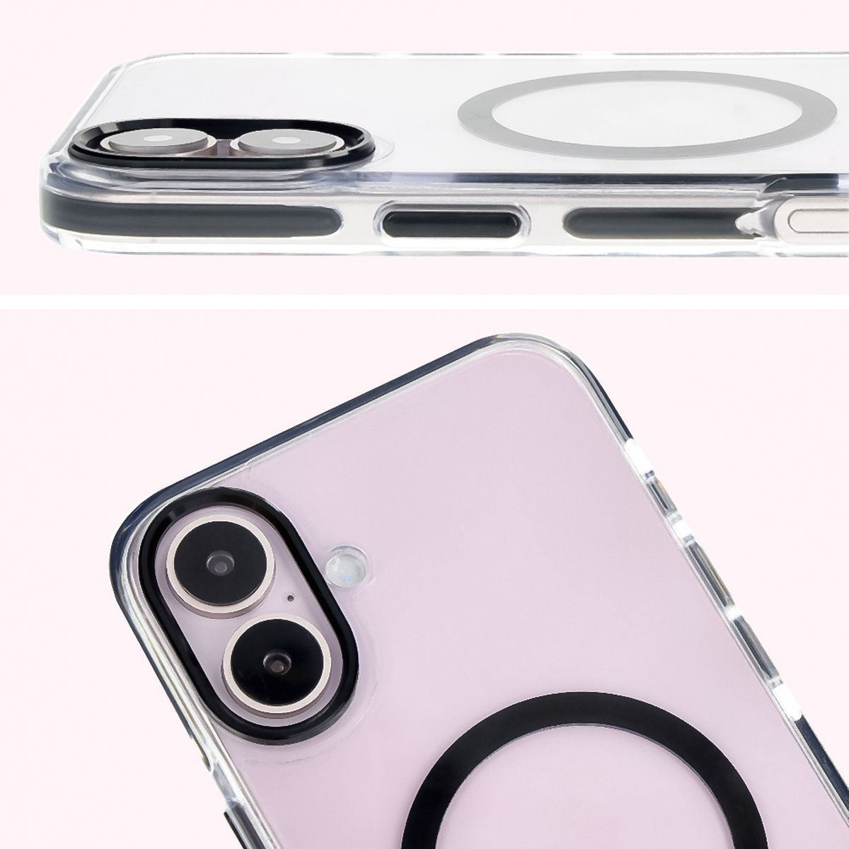 Handyhülle mit Magnetring für iPhone 16, Bizon Case Marco, Transparent mit schwarzem Rahmen