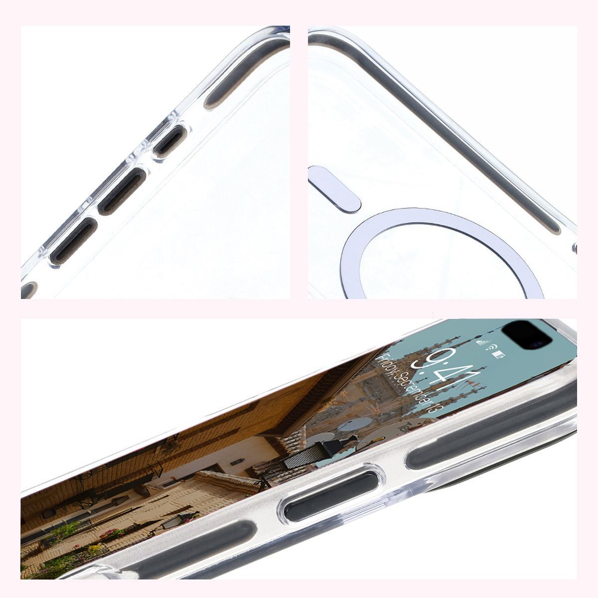 Handyhülle mit Magnetring für iPhone 16, Bizon Case Marco, Transparent mit schwarzem Rahmen