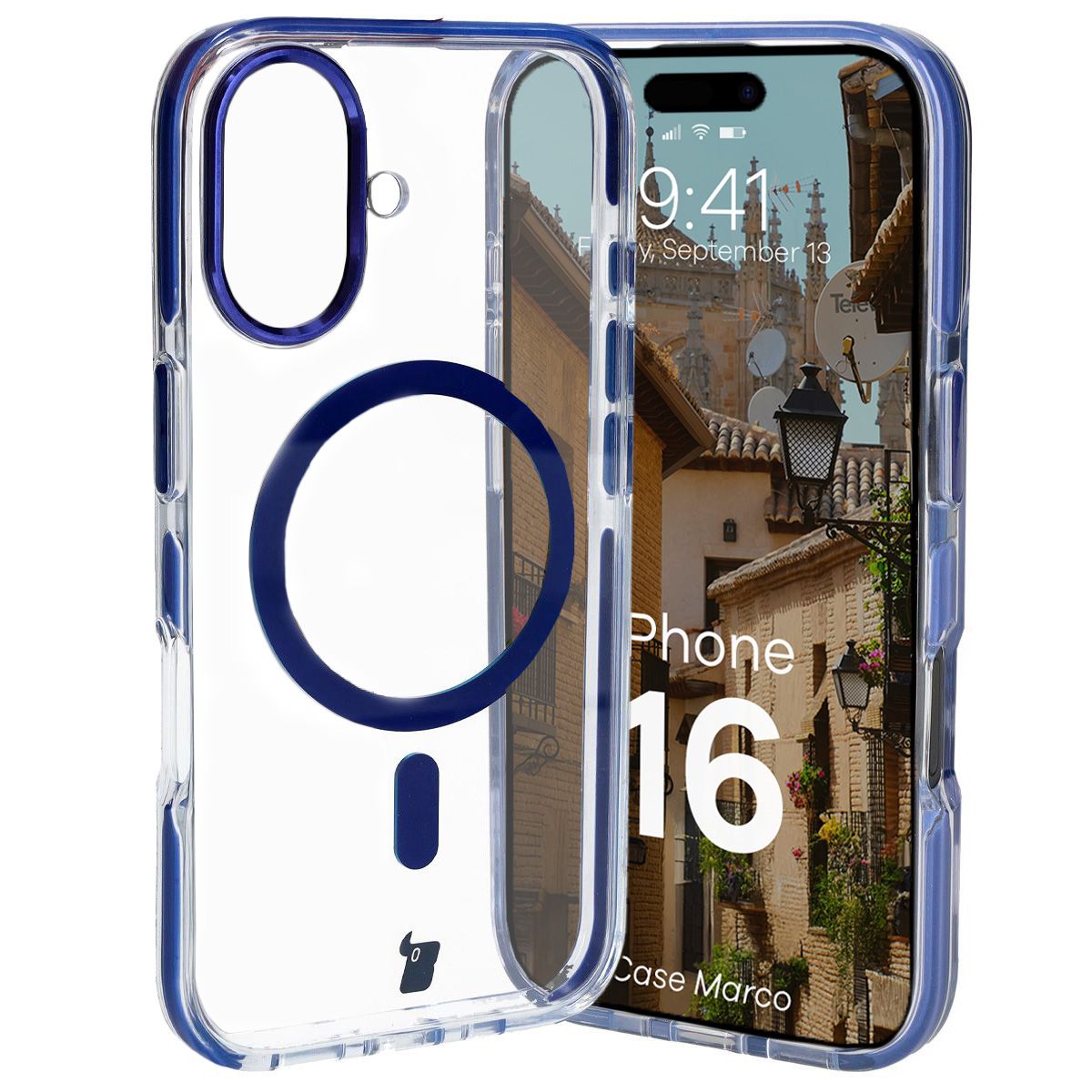 Handyhülle mit Magnetring für iPhone 16, Bizon Case Marco, Transparent mit blauem Rahmen