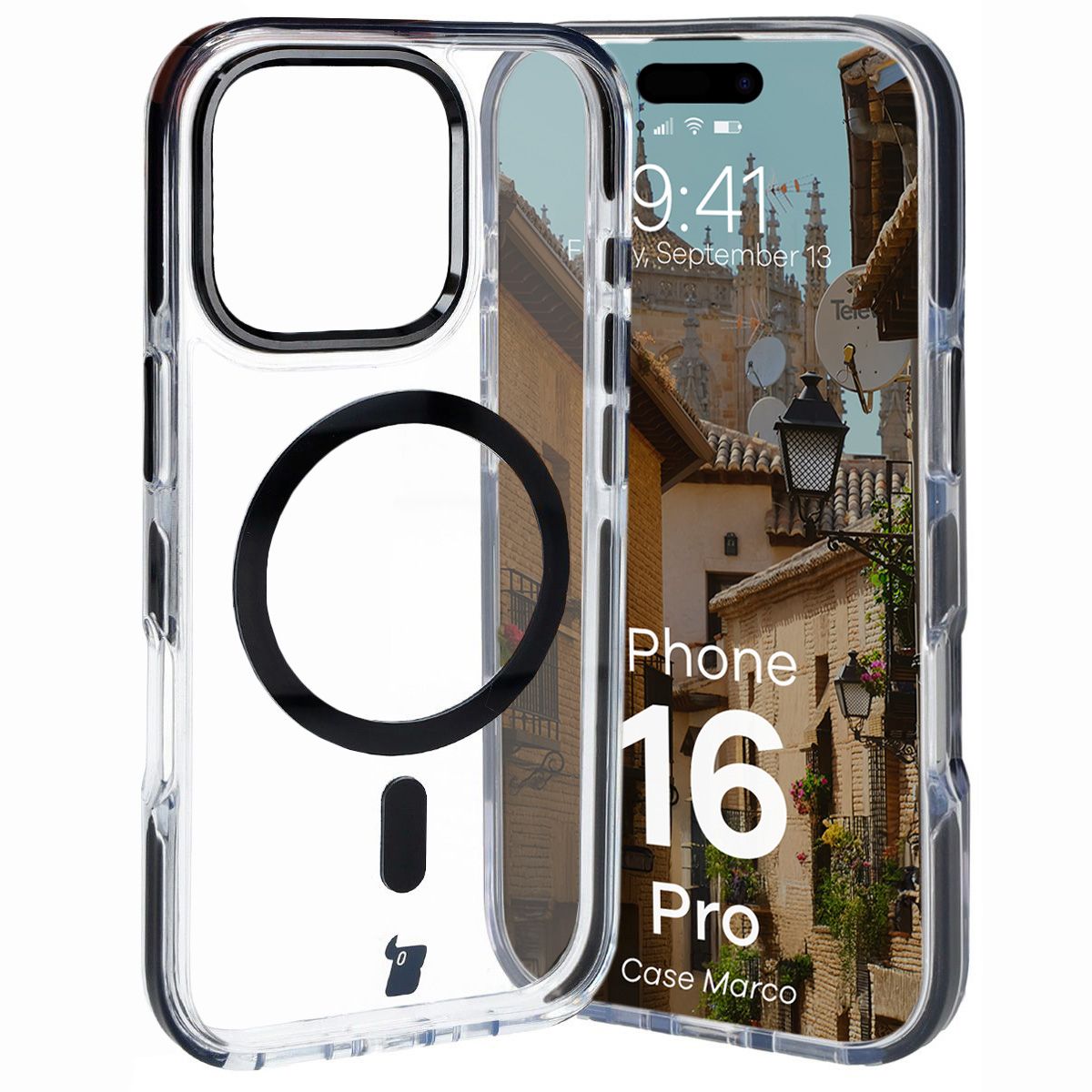 Handyhülle mit Magnetring für iPhone 16 Pro, Bizon Case Marco, Transparent mit schwarzem Rahmen