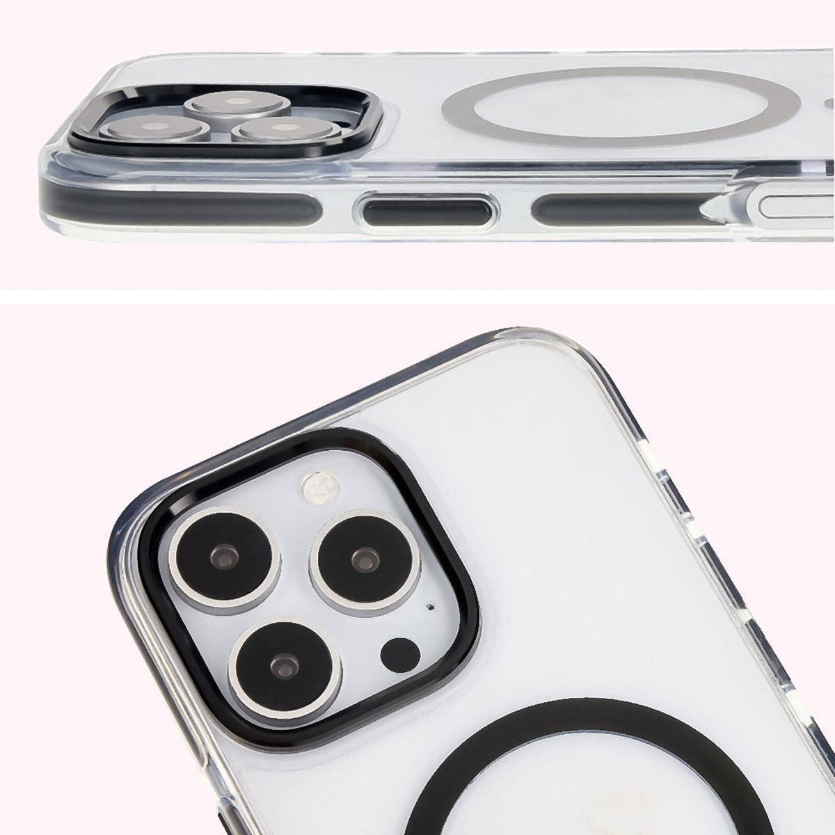 Handyhülle mit Magnetring für iPhone 16 Pro, Bizon Case Marco, Transparent mit schwarzem Rahmen
