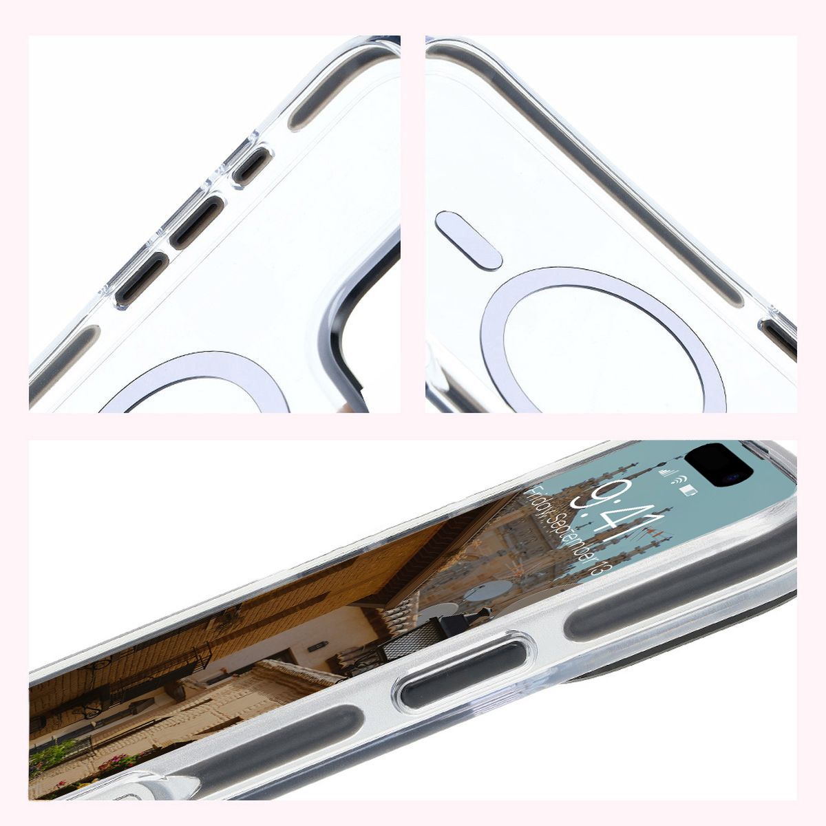 Handyhülle mit Magnetring für iPhone 16 Pro, Bizon Case Marco, Transparent mit schwarzem Rahmen