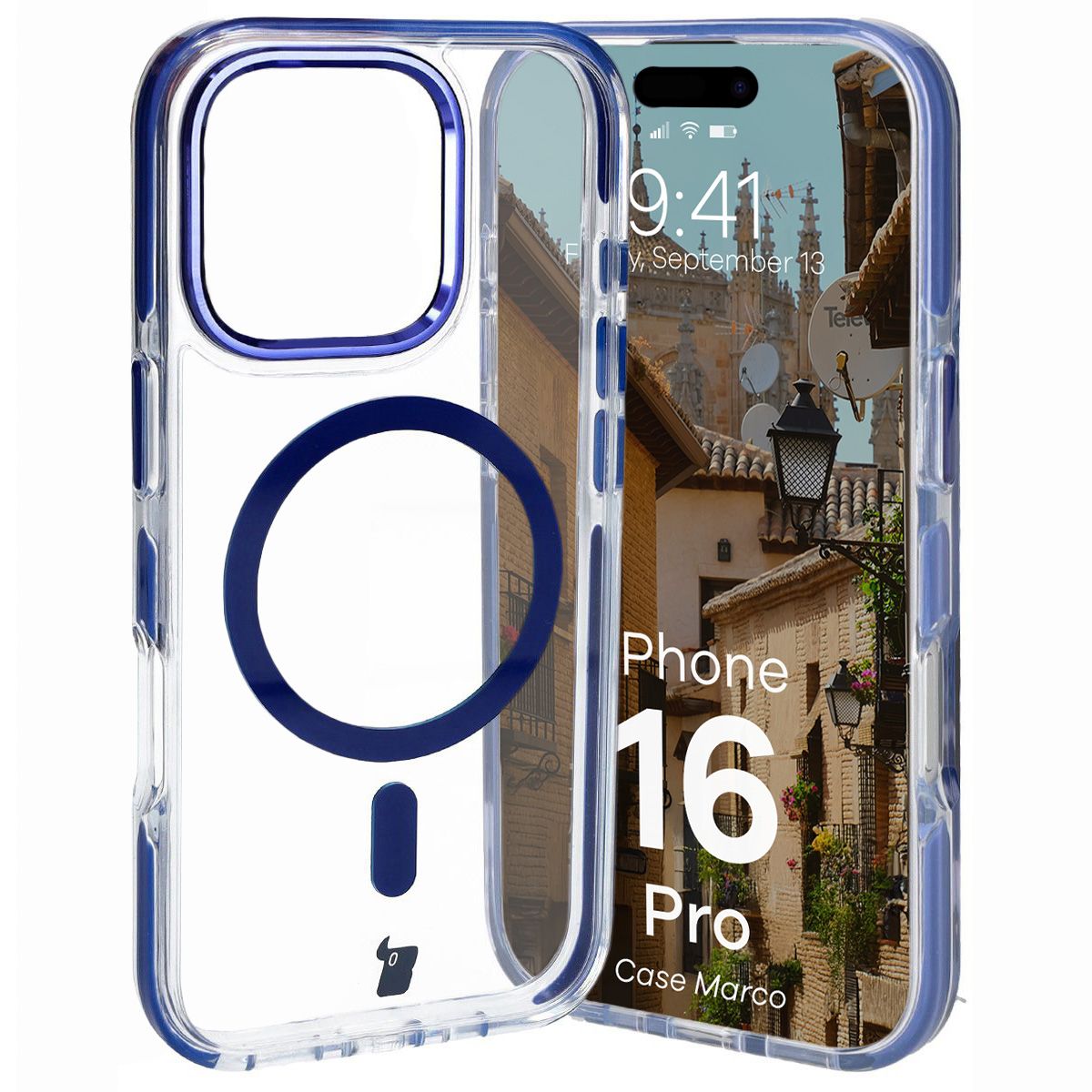 Handyhülle mit Magnetring für iPhone 16 Pro, Bizon Case Marco, Transparent mit blauem Rahmen