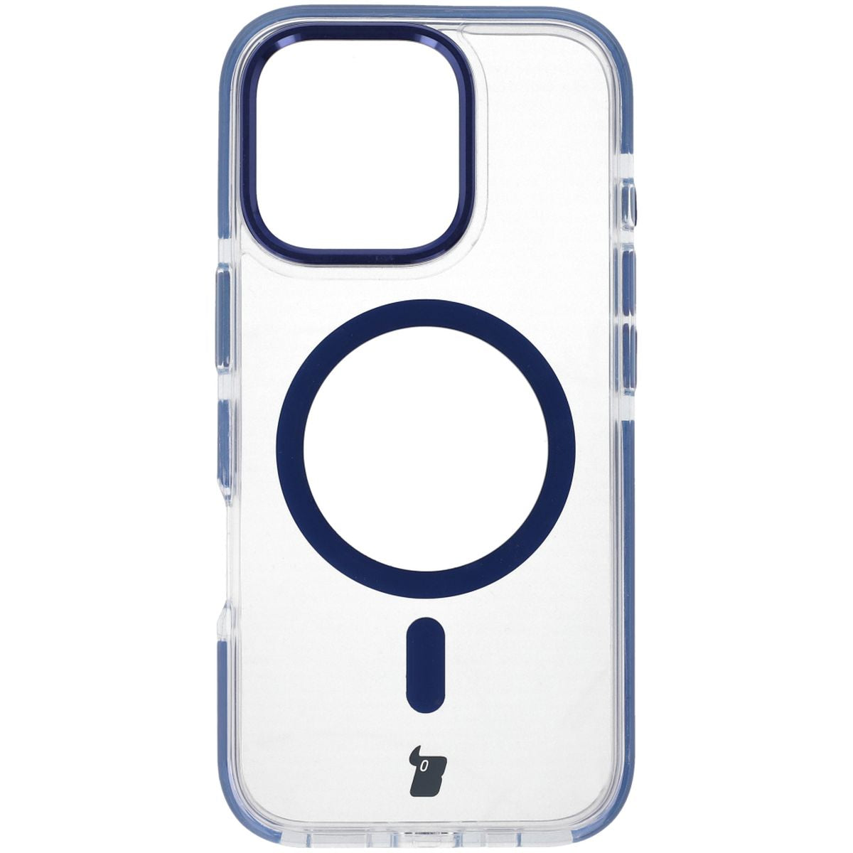 Handyhülle mit Magnetring für iPhone 16 Pro, Bizon Case Marco, Transparent mit blauem Rahmen