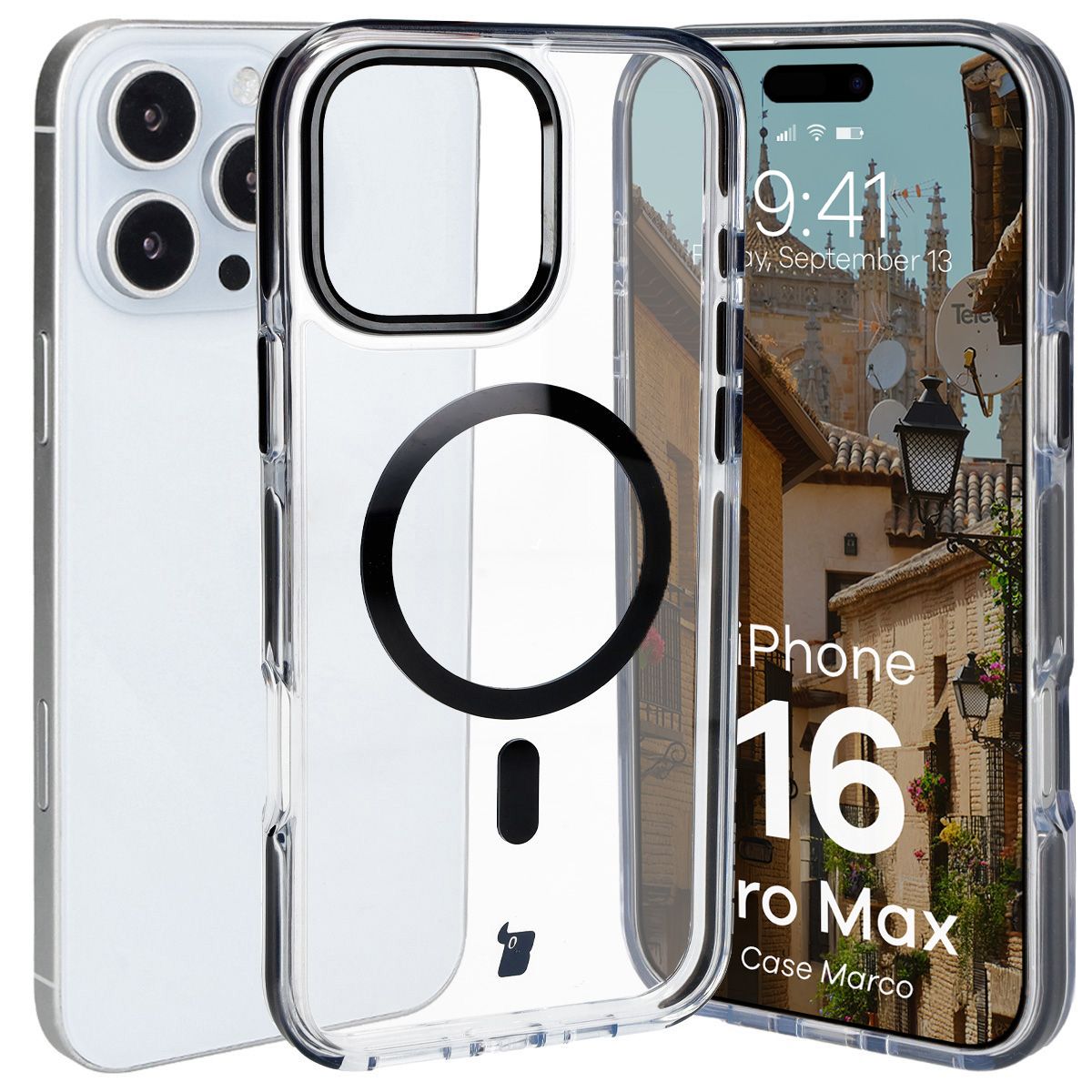 Handyhülle mit Magnetring für iPhone 16 Pro Max, Bizon Case Marco, Transparent mit schwarzem Rahmen
