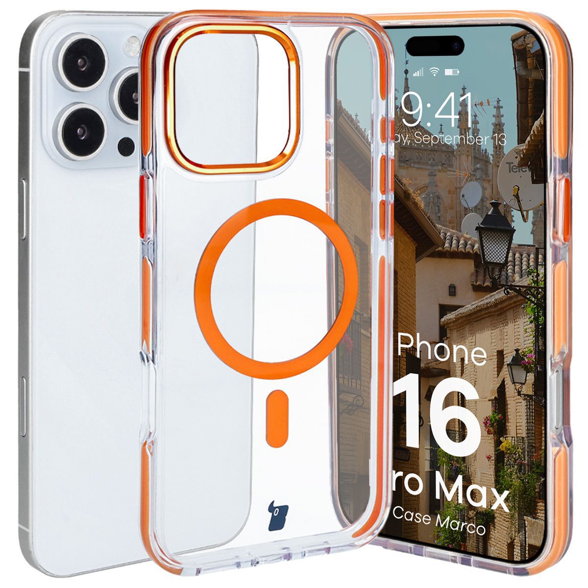 Handyhülle mit Magnetring für iPhone 16 Pro Max, Bizon Case Marco, Transparent mit orangem Rahmen