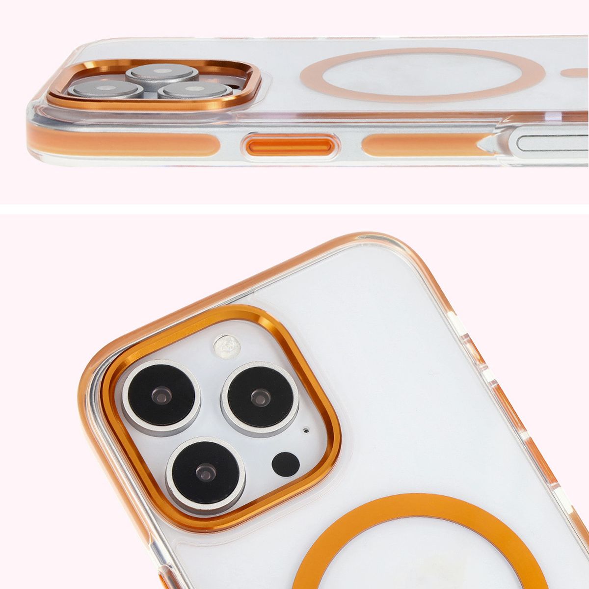 Handyhülle mit Magnetring für iPhone 16 Pro Max, Bizon Case Marco, Transparent mit orangem Rahmen