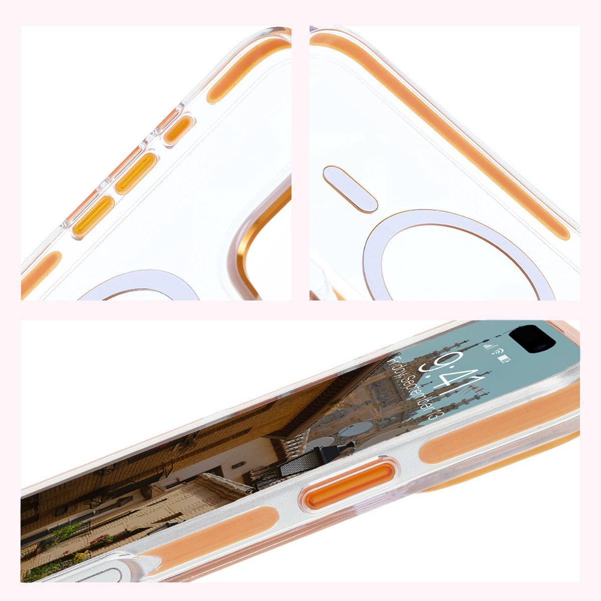 Handyhülle mit Magnetring für iPhone 16 Pro Max, Bizon Case Marco, Transparent mit orangem Rahmen