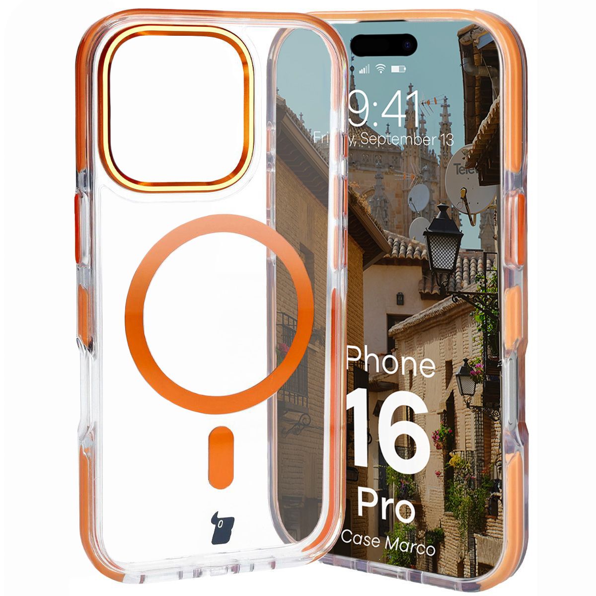 Handyhülle mit Magnetring für iPhone 16 Pro, Bizon Case Marco, Transparent mit orangem Rahmen