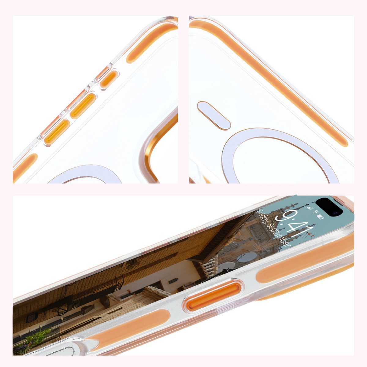 Handyhülle mit Magnetring für iPhone 16 Pro, Bizon Case Marco, Transparent mit orangem Rahmen