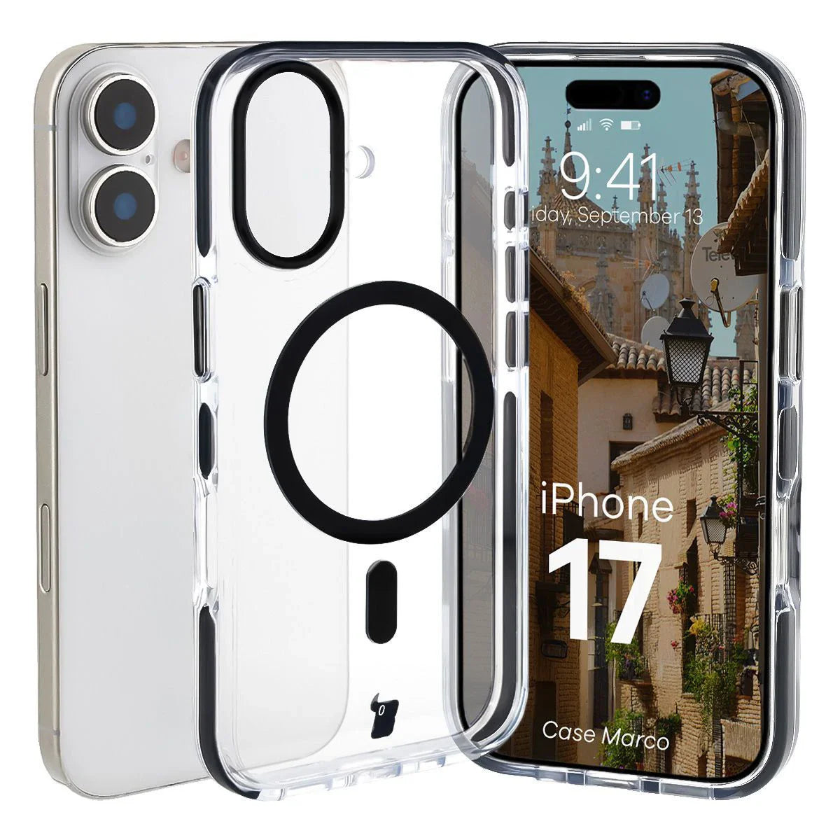 Handyhülle mit Magnetring für iPhone 17, Bizon Case Marco, Transparent mit schwarzem Rahmen