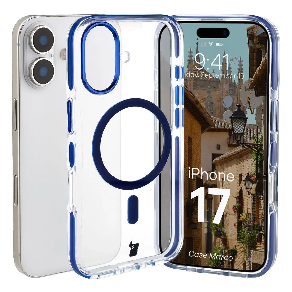 Handyhülle mit Magnetring für iPhone 17, Bizon Case Marco, Transparent mit blauem Rahmen