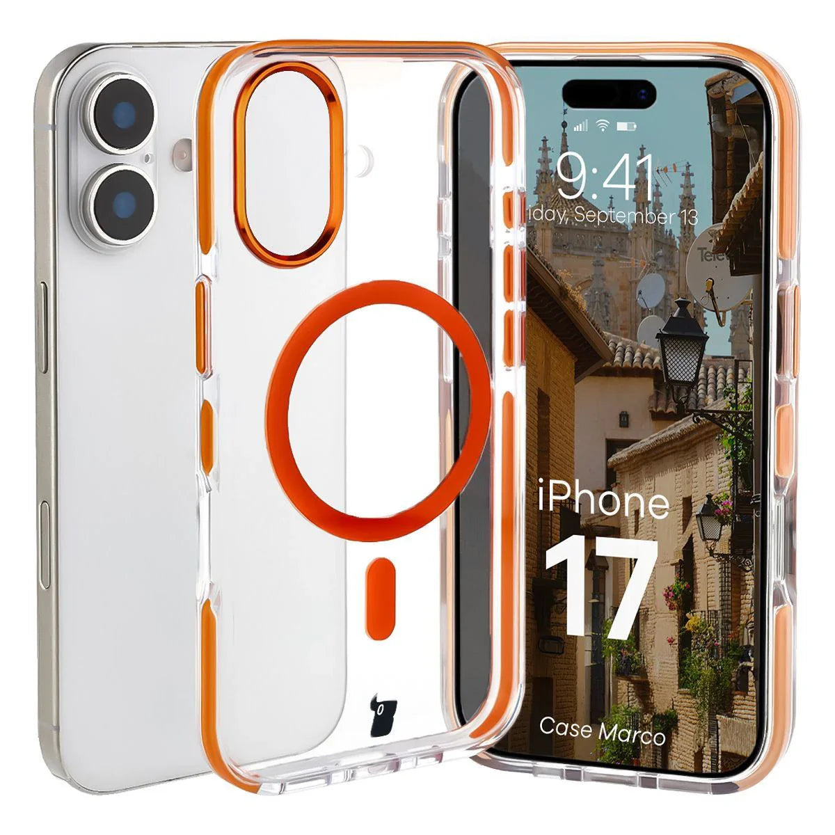 Handyhülle mit Magnetring für iPhone 17, Bizon Case Marco, Transparent mit orangem Rahmen