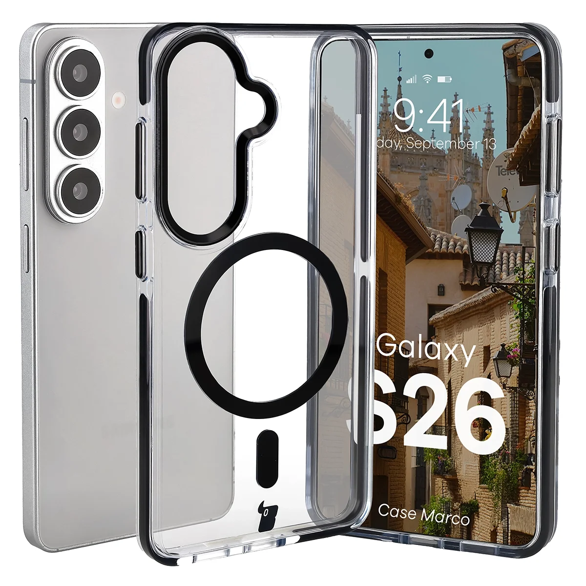 Handyhülle mit Magnetring für Galaxy S26, Bizon Case Marco, Transparent mit schwarzem Rahmen