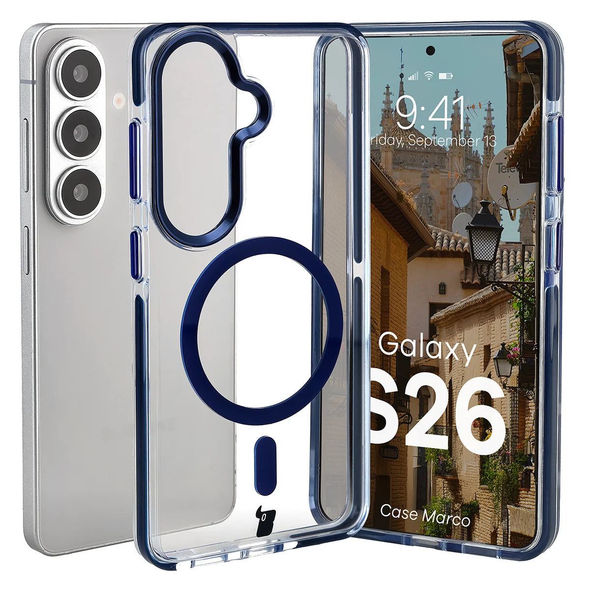 Handyhülle mit Magnetring für Galaxy S26, Bizon Case Marco, Transparent mit blauem Rahmen