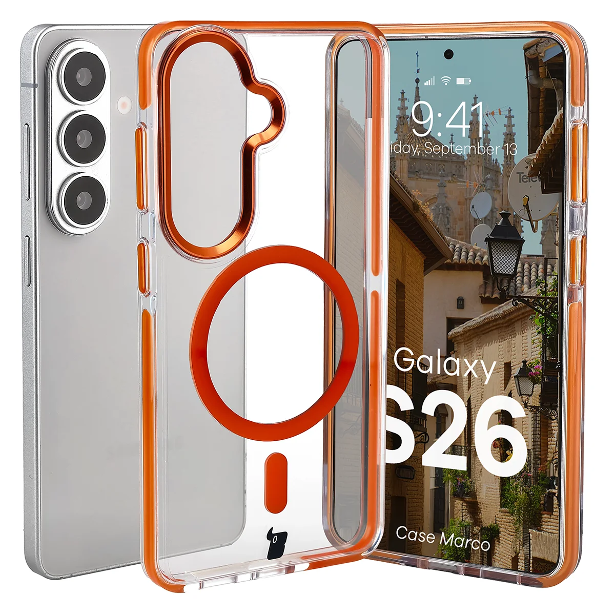 Handyhülle mit Magnetring für Galaxy S26, Bizon Case Marco, Transparent mit orangem Rahmen