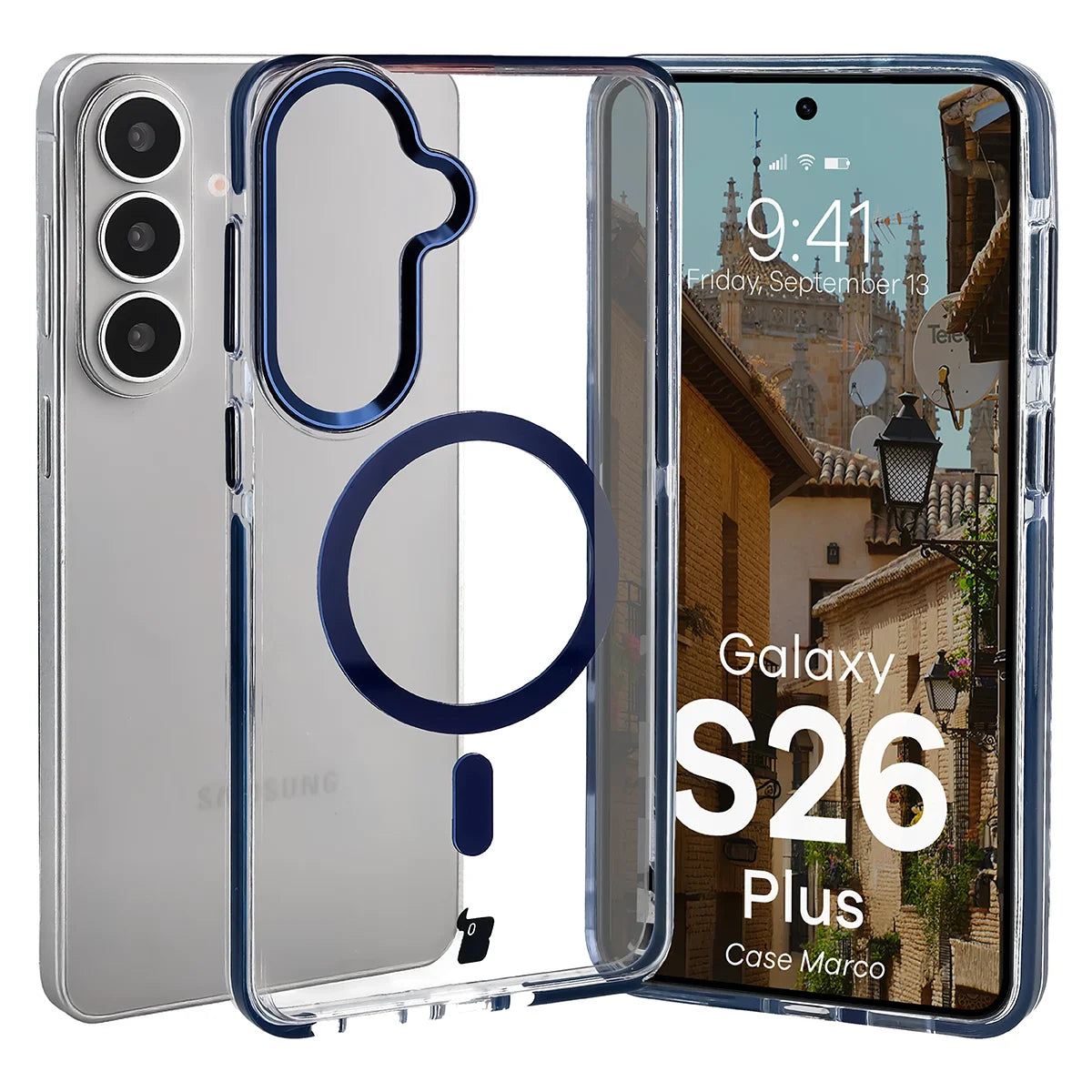 Handyhülle mit Magnetring für Galaxy S26 Plus, Bizon Case Marco, Transparent mit blauem Rahmen