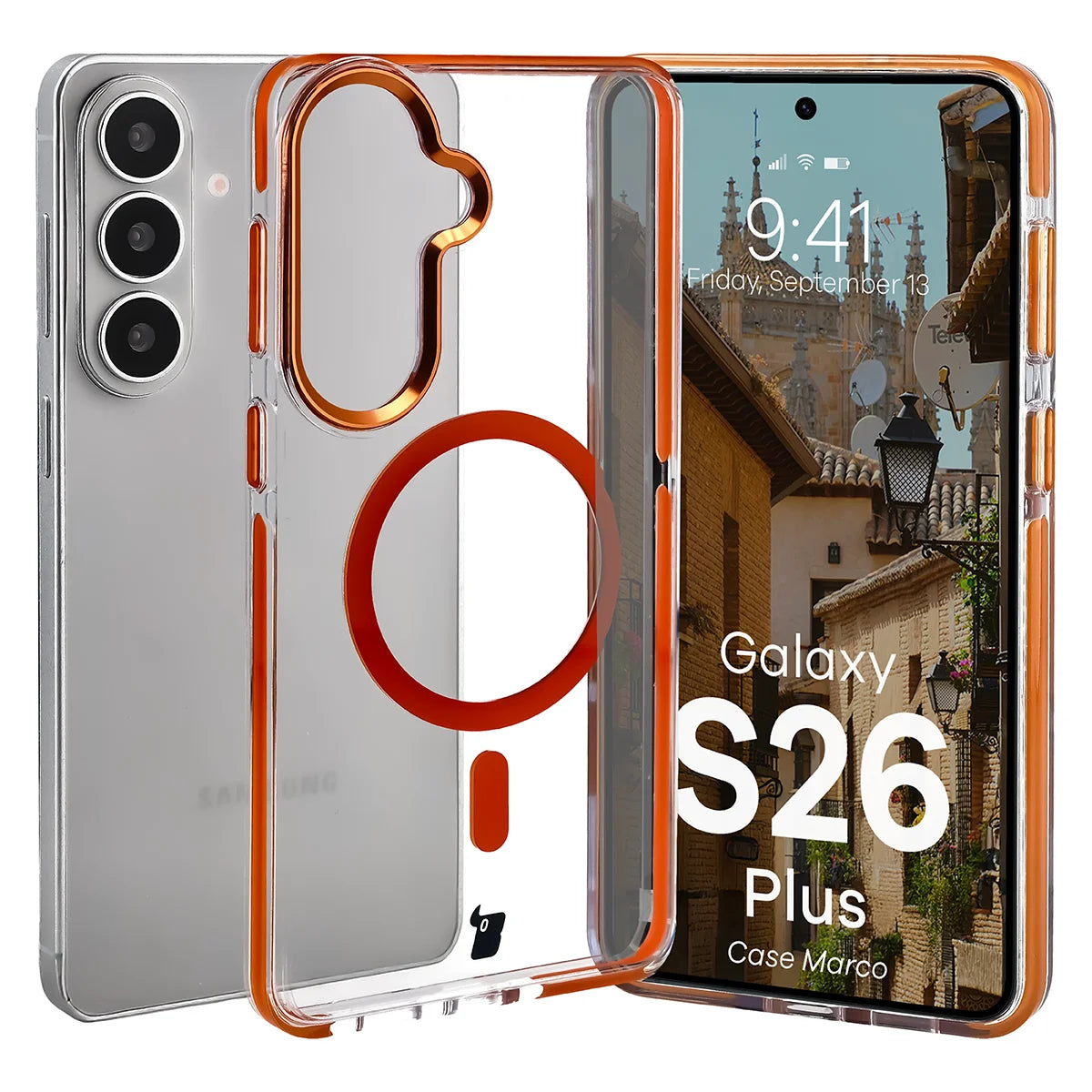 Handyhülle mit Magnetring für Galaxy S26 Plus, Bizon Case Marco, Transparent mit orangem Rahmen