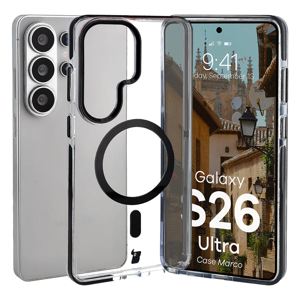 Handyhülle mit Magnetring für Galaxy S26 Ultra, Bizon Case Marco, Transparent mit schwarzem Rahmen