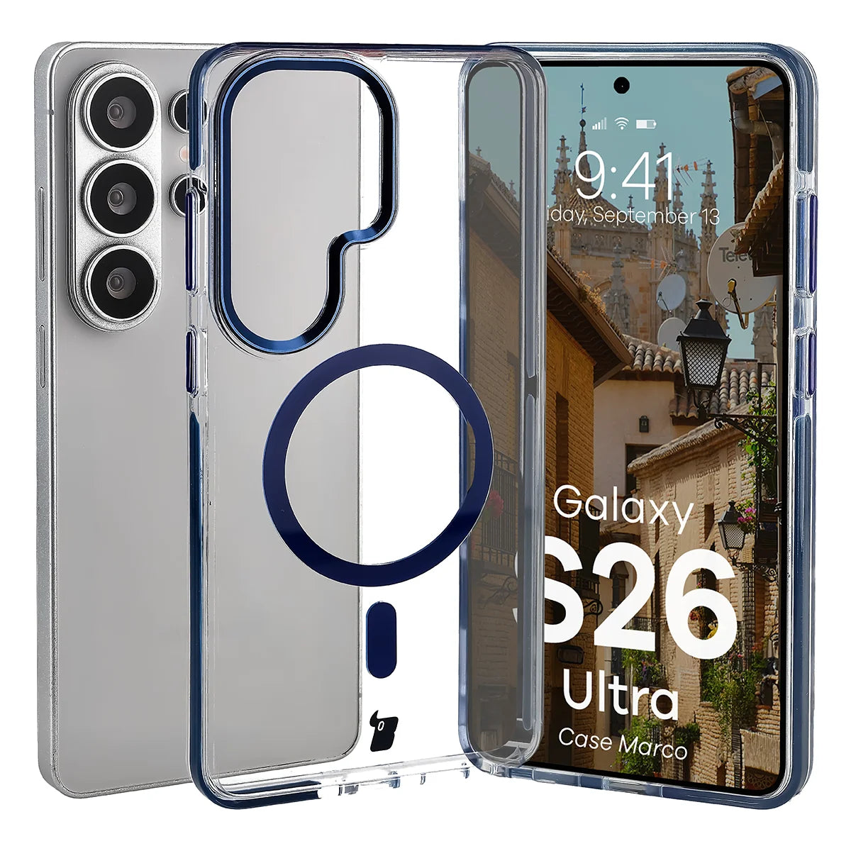Handyhülle mit Magnetring für Galaxy S26 Ultra, Bizon Case Marco, Transparent mit blauem Rahmen