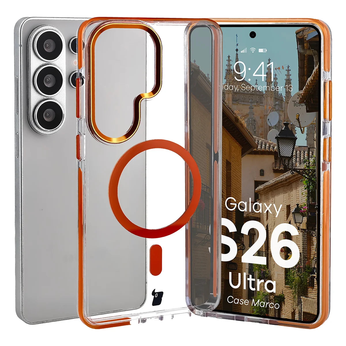Handyhülle mit Magnetring für Galaxy S26 Ultra, Bizon Case Marco, Transparent mit orangem Rahmen
