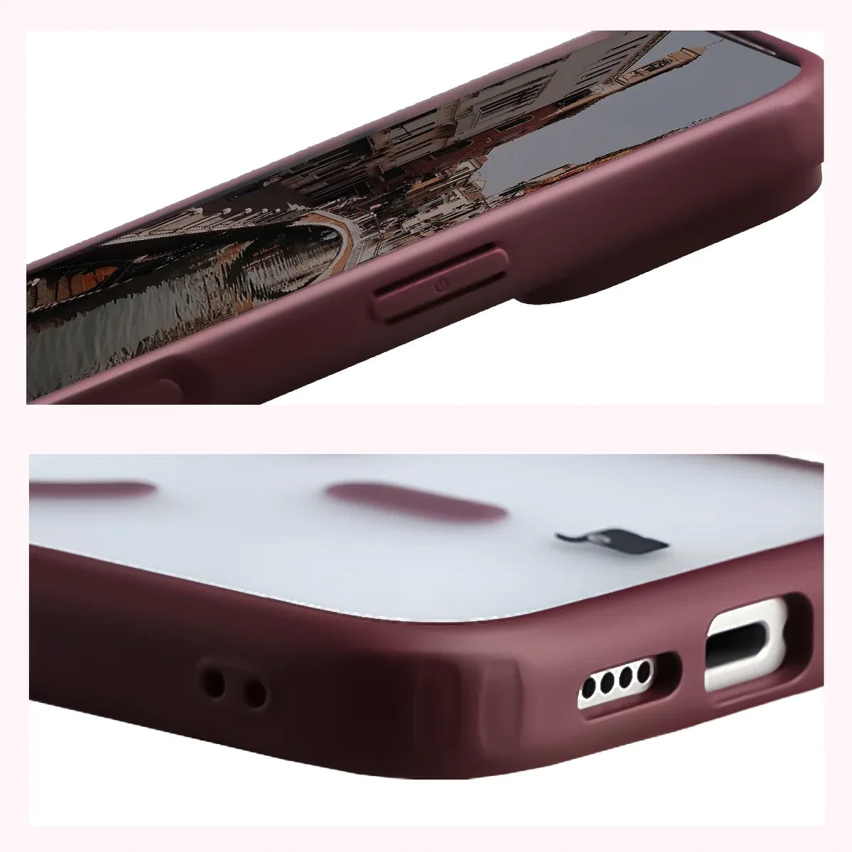 Handyhülle mit Magnetring für iPhone 18 Pro / 17 Pro, Bizon Case MatteO, Semitransparent mit burgunderrotem Rahmen (5/7)