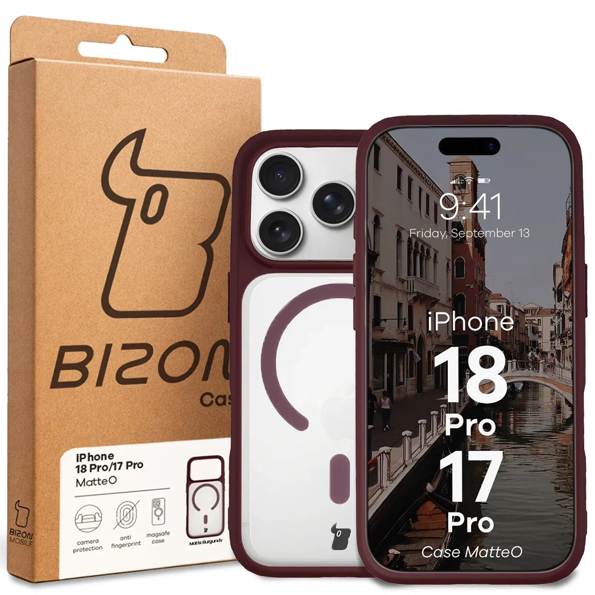Handyhülle mit Magnetring für iPhone 18 Pro / 17 Pro, Bizon Case MatteO, Semitransparent mit burgunderrotem Rahmen (7/7)
