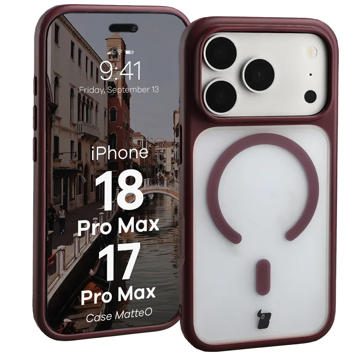 Handyhülle mit Magnetring für iPhone 18 Pro Max / 17 Pro Max, Bizon Case MatteO, Semitransparent mit burgunderrotem Rahmen (1/7)
