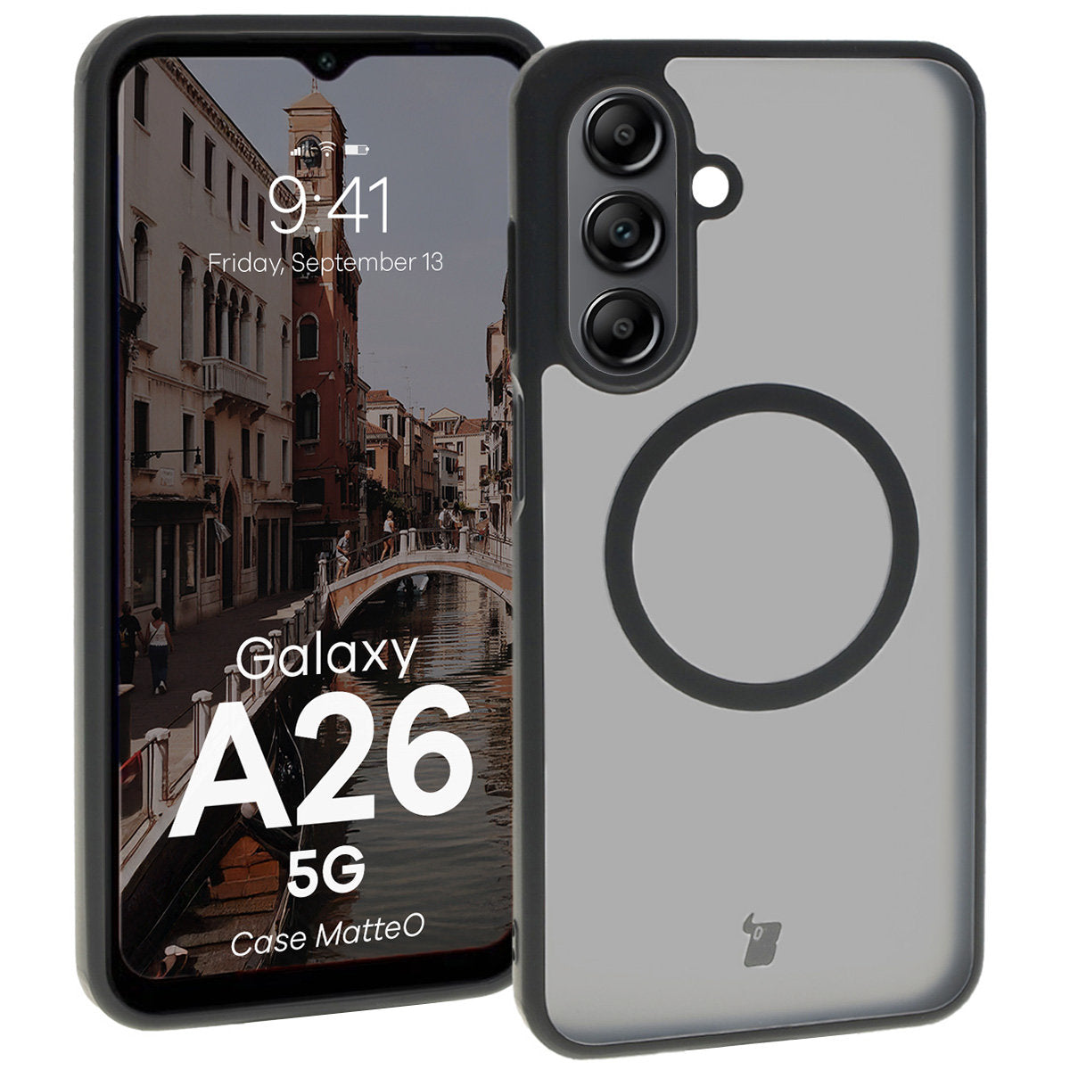 Handyhülle mit Magnetring für Galaxy A26 5G, Bizon Case MatteO, Semitransparent mit schwarzem Rand