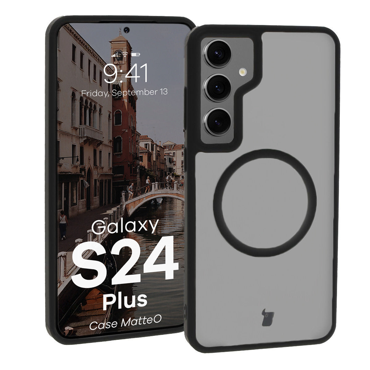 Handyhülle mit Magnetring für Galaxy S24 Plus, Bizon Case MatteO, Semitransparent mit schwarzem Rand