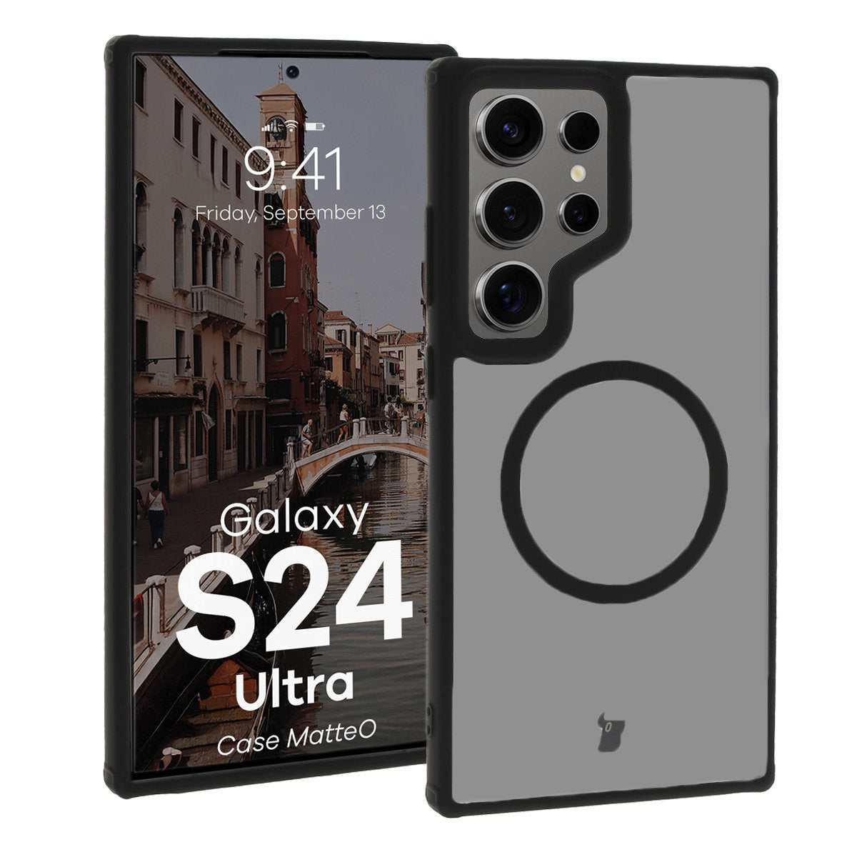 Handyhülle mit Magnetring für Galaxy S24 Ultra, Bizon Case MatteO, Semitransparent mit schwarzem Rand