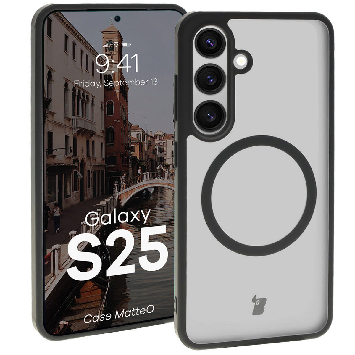 Handyhülle mit Magnetring für Galaxy S25, Bizon Case MatteO, Semitransparent mit schwarzem Rand